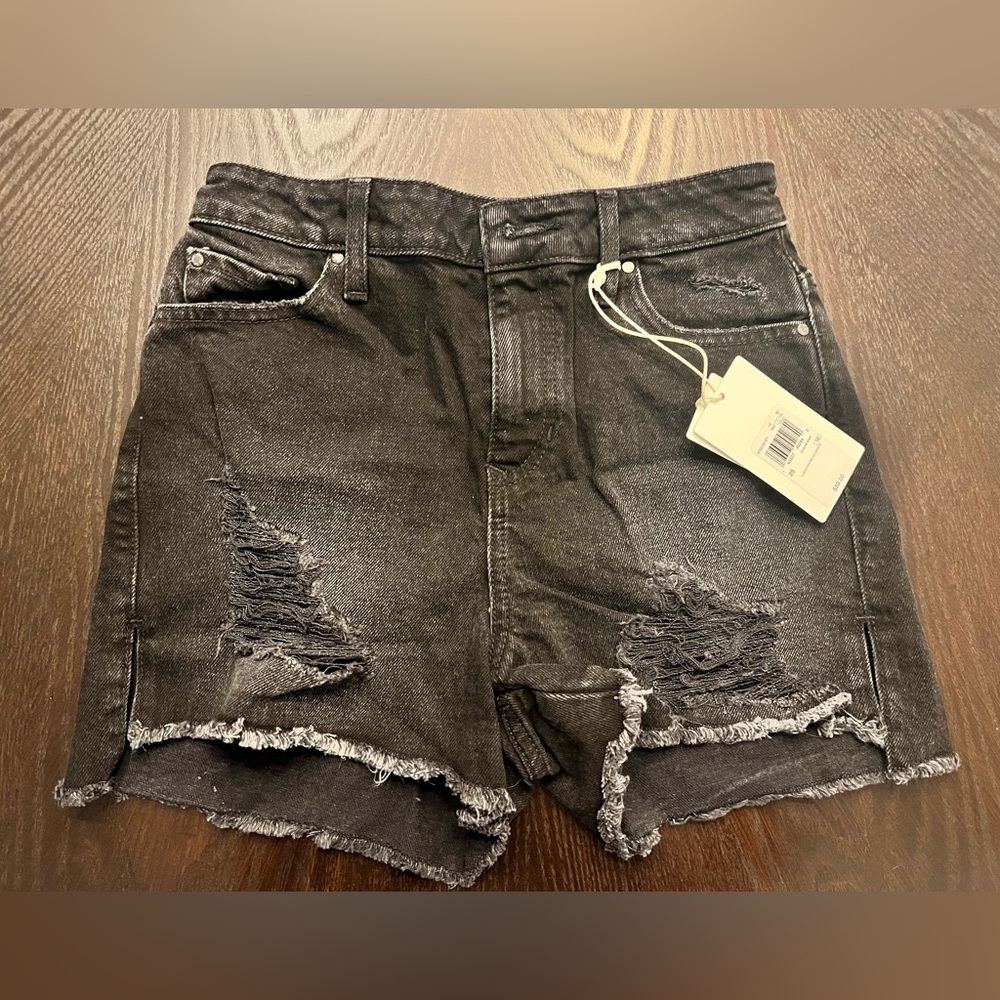 NWT Guess JLO Claudia High-Rise Frayed Slit Black Wash Denim Shorts 25